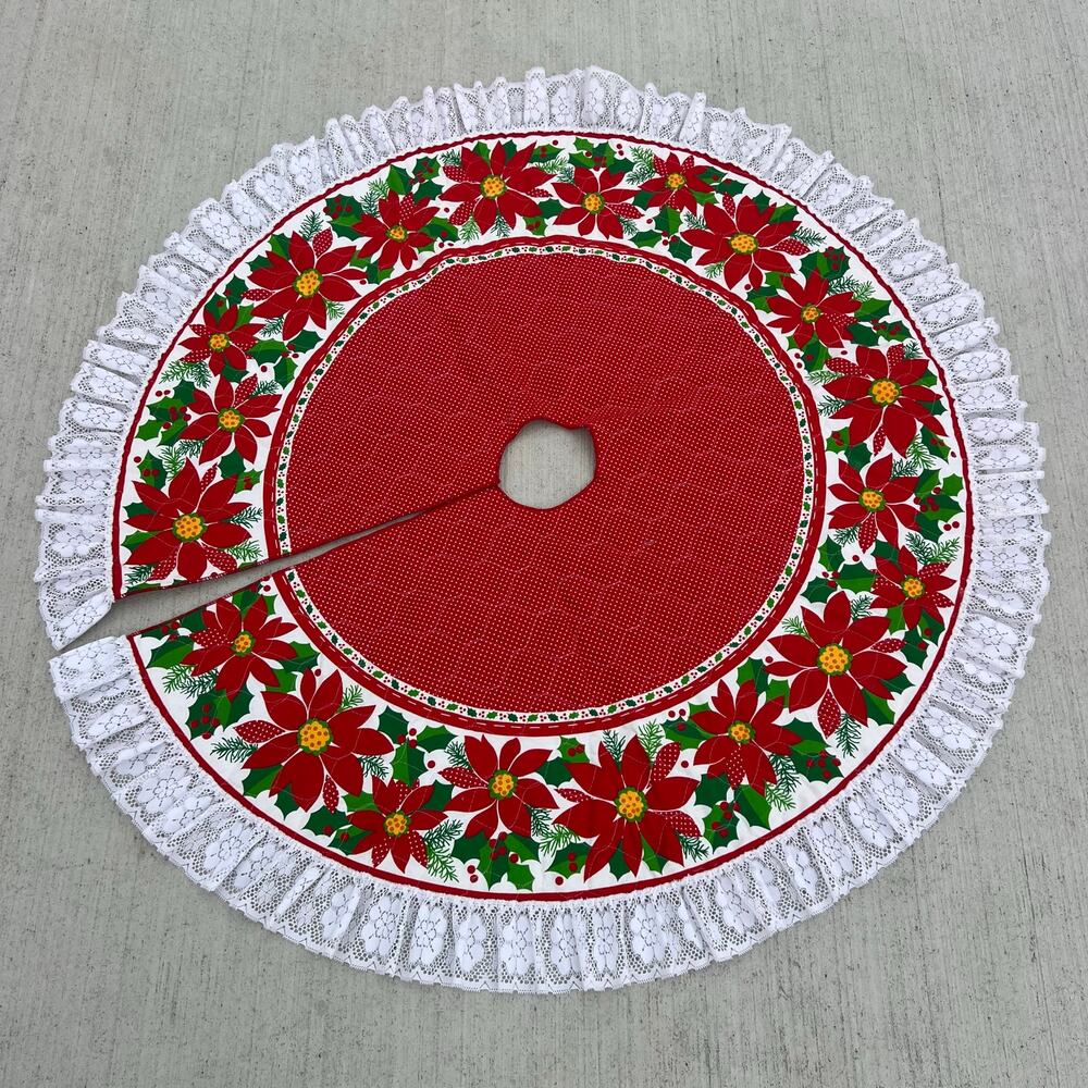 Vintage 80s Christmas Tree Skirt Poinsettia Round Floral Lace Edge Trim 36"